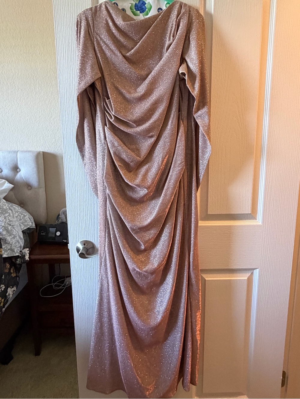 Betsy & Adam Glitter Drape Long-Sleeve Maxi Dress in Rose